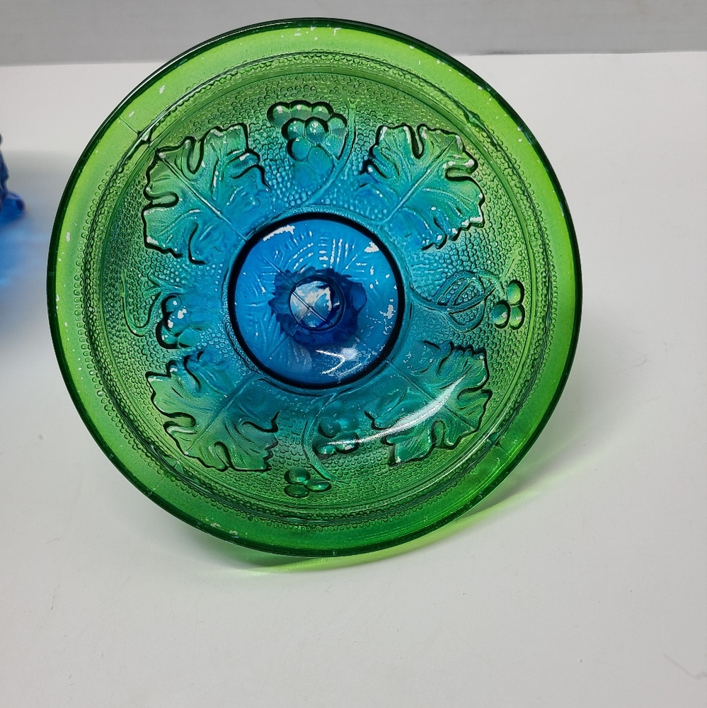 Vintage Jeanette blue/green footed grape leaf glass candy dish w/ lid Capote - Picture 14 of 16